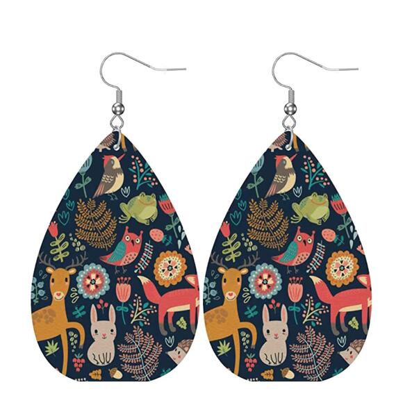 Woodland Animals Leaf Print Faux Leather Teardrop Earring NEW - Picture 3 of 6